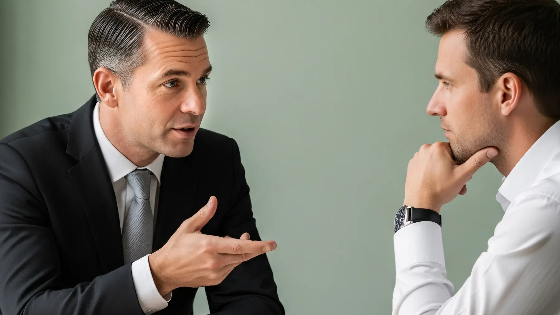 Two people facing one another across a table, illustrating the action and resistance that keep confession dialogue from becoming a monologue.