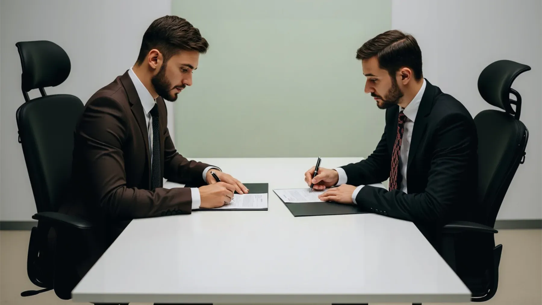 Two people signing documents across a formal table, suggesting the public record and accountable commitments that remain after a private choice.