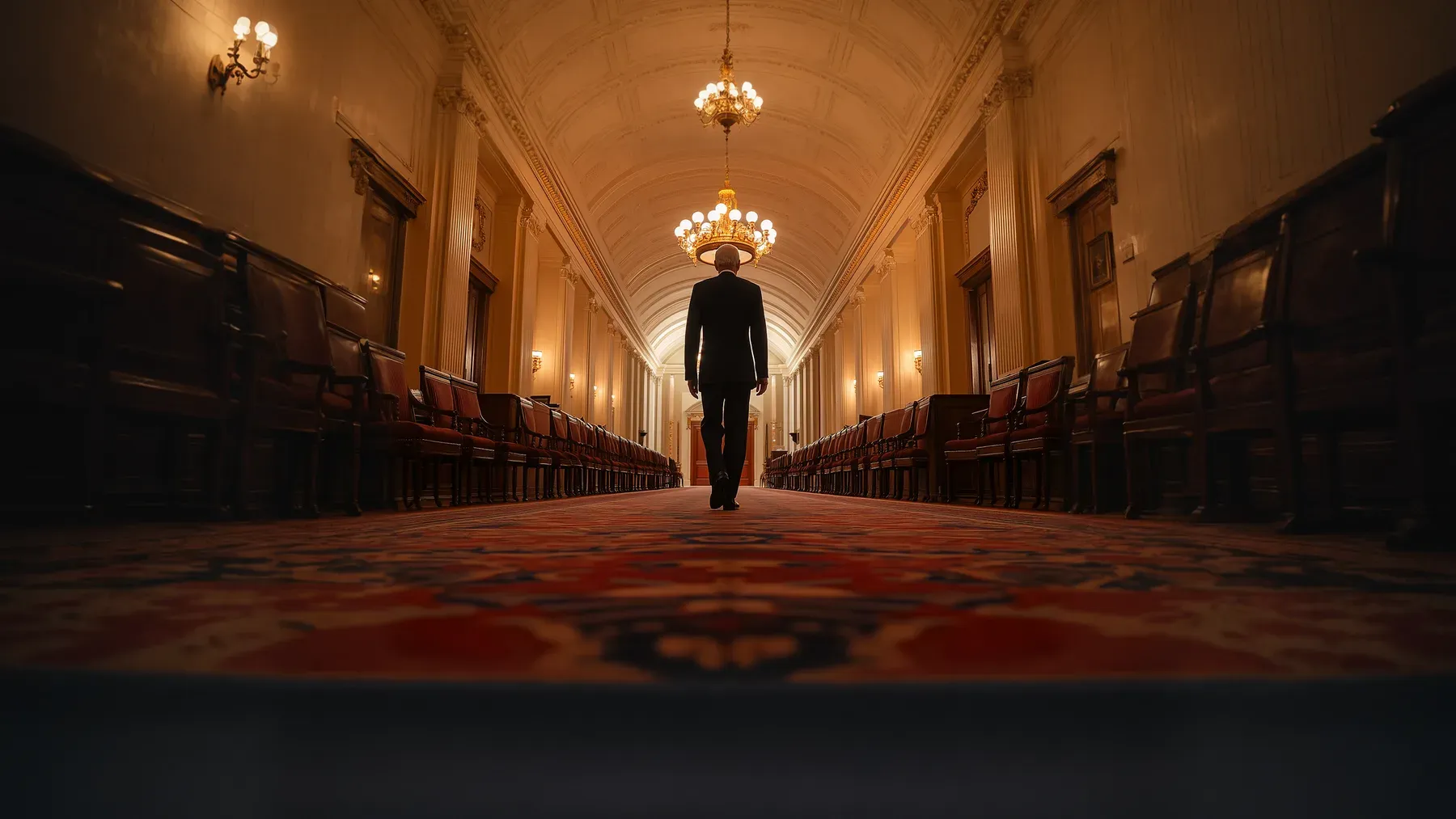 A lone figure walks through an official hall after ceremony, when symbolic authority must become daily government.
