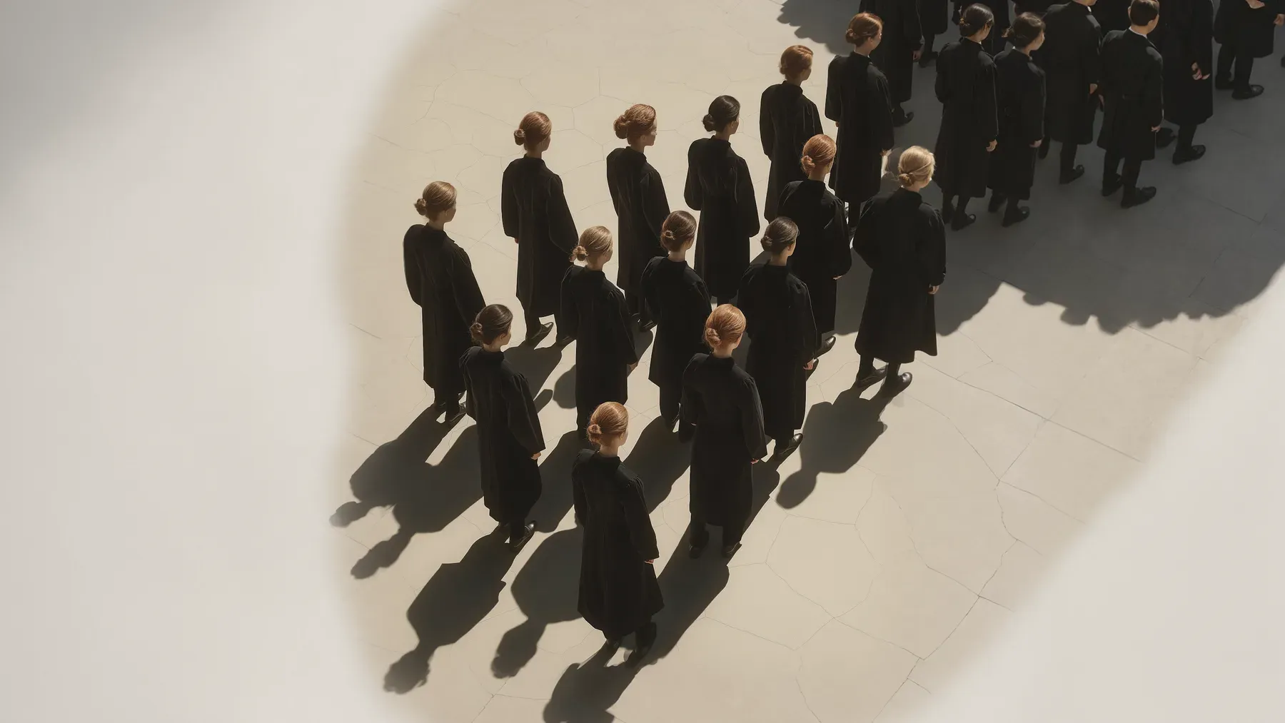 A formal assembly moves in ordered ranks, showing how participants and placement turn ceremony into visible hierarchy.