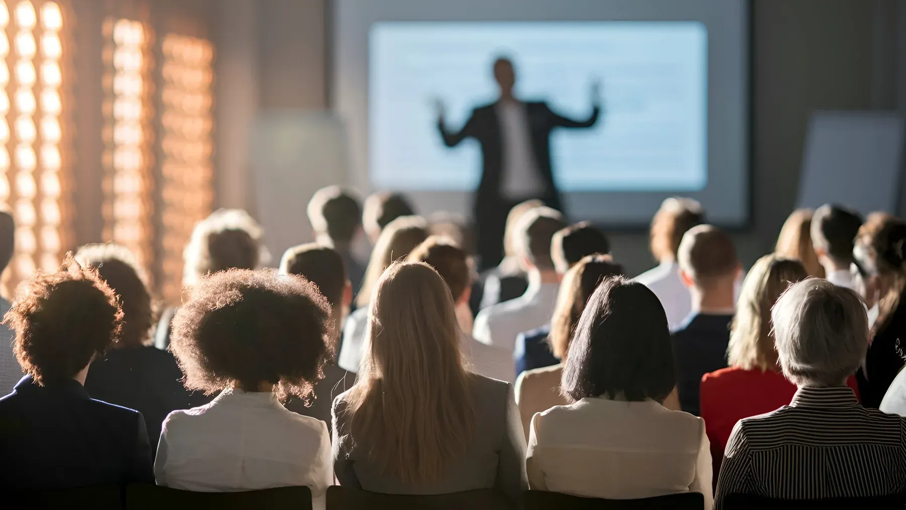An audience faces a speaker and projected display, evoking the decision makers who must interpret admitted evidence rather than the lawyer's private theory.