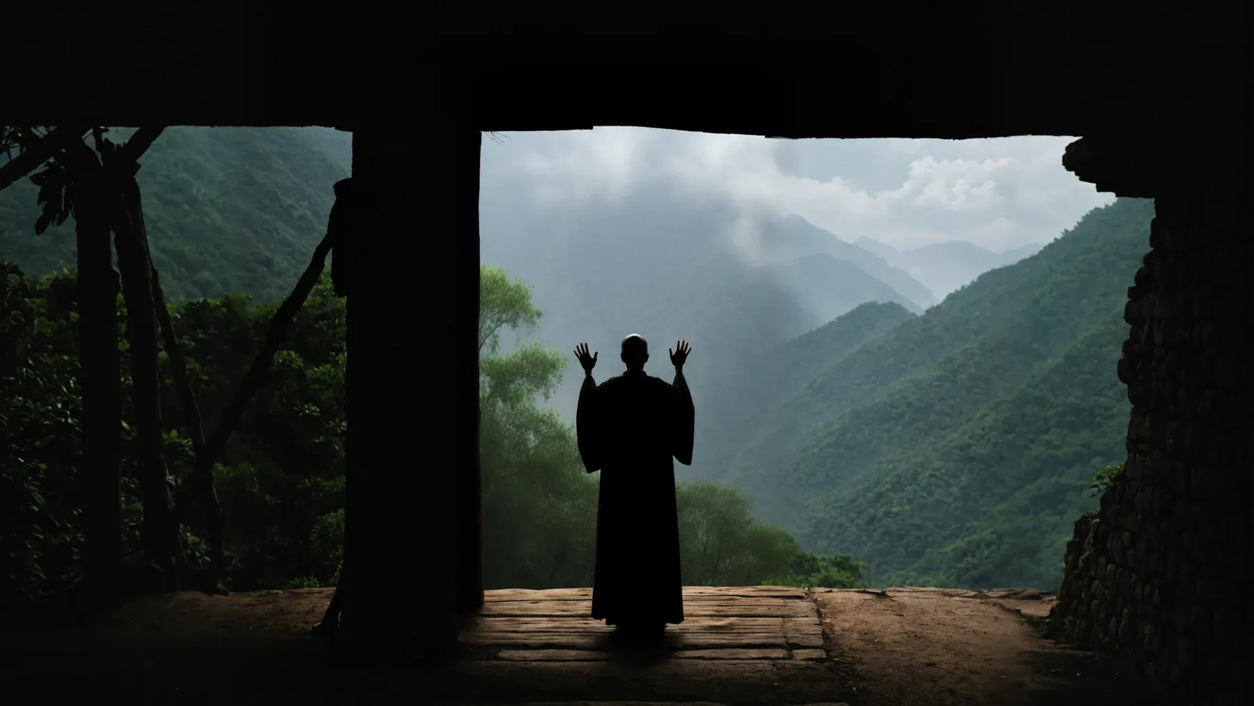 A silhouetted practitioner looks from a dark hall toward mountain light, emphasizing disciplined practice and a limited point of view.