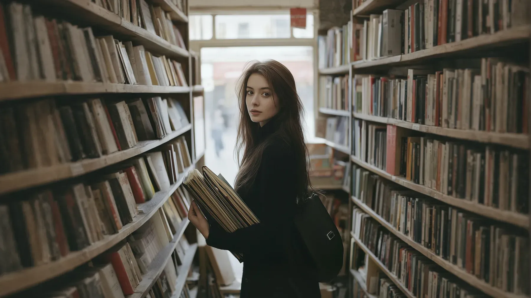 A student moving through library shelves with books, representing the time, labor, credentials, and private costs beneath academic prestige.