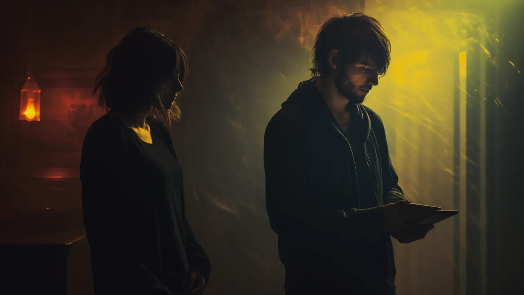 A man reads under hard yellow light while a woman waits in shadow, showing how a response can change the meaning of a line.