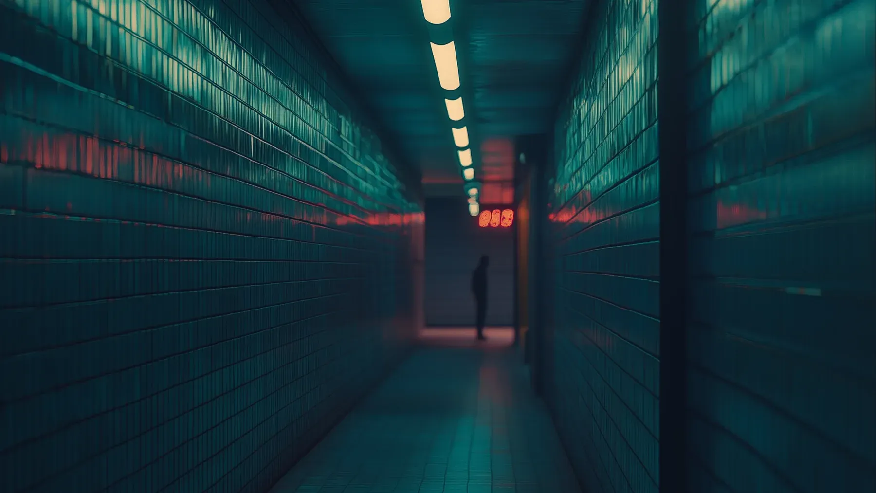 A silhouetted figure waits at the end of a teal corridor, keeping the threat present before any comic release.