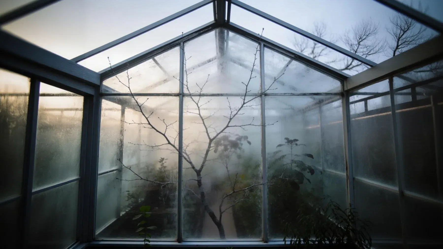An empty greenhouse holds the place where familiar work once happened, making absence visible through environment.