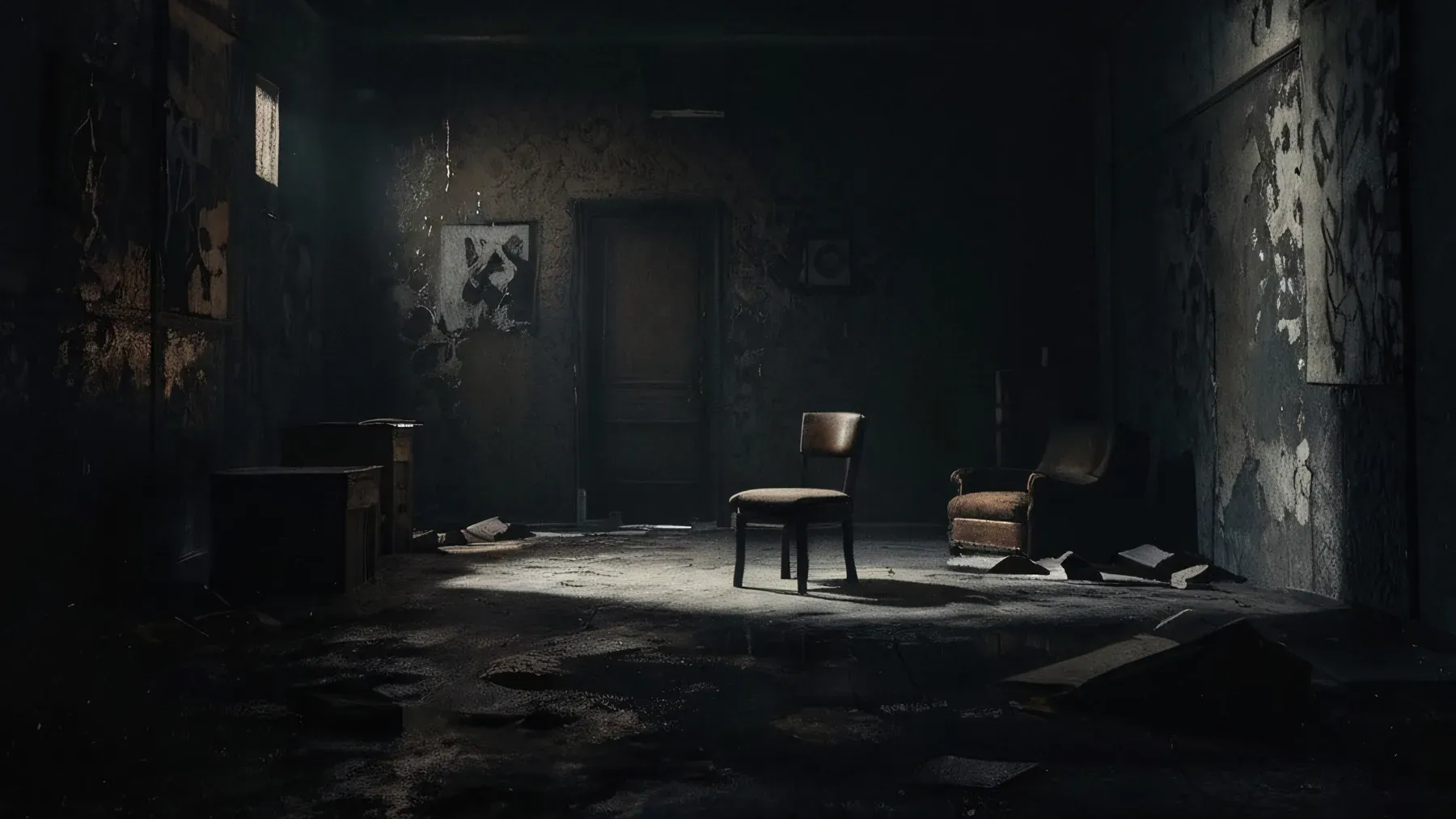 A dark abandoned room suggesting that a descriptive mystery earns attention when investigation reveals a concrete place with further consequences.