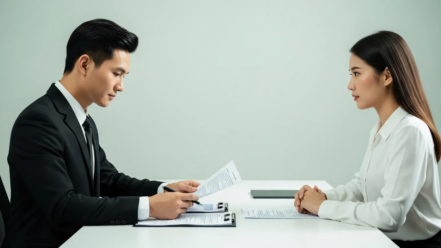 Two professionals testing a document's claims during a focused conversation.