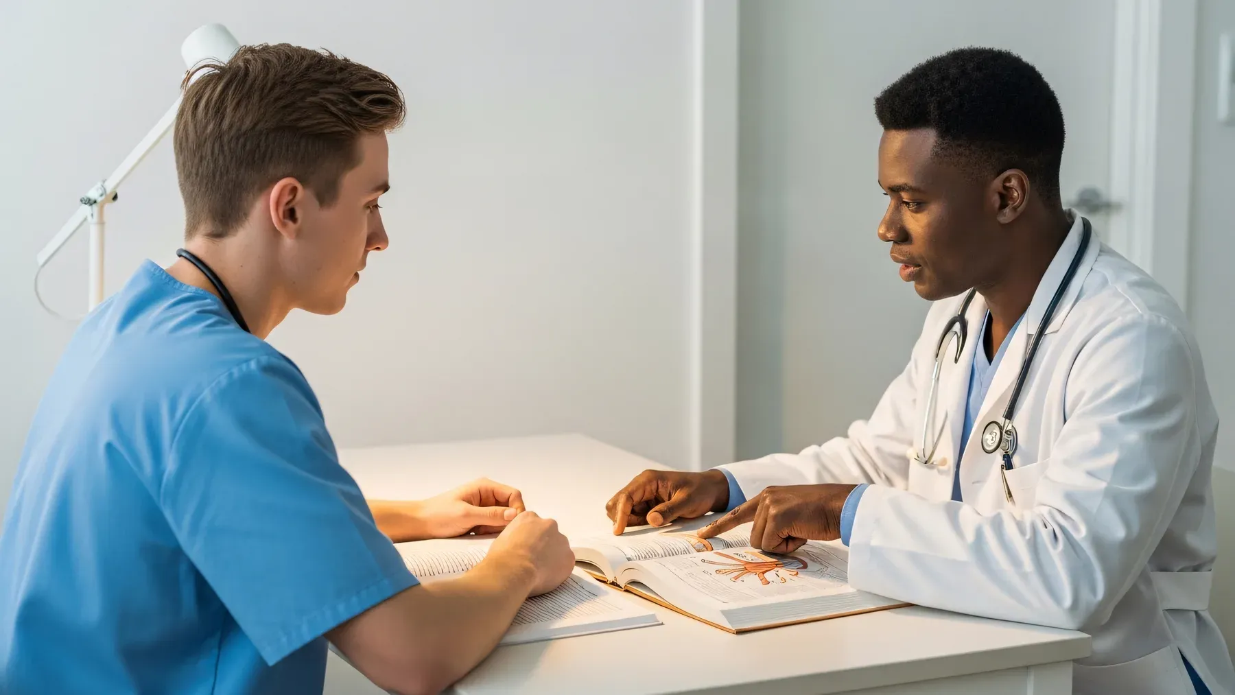 Two medical professionals reviewing evidence together, with each detail changing the conversation.