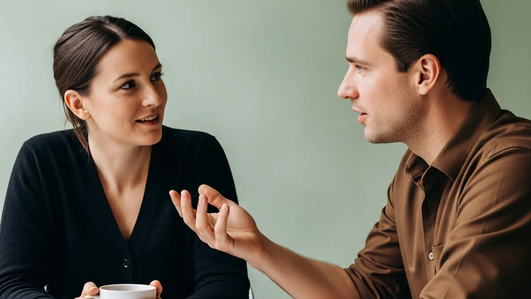 Two people facing each other across a table demonstrate how relationship, authority, and the presence of evidence determine what can be said.