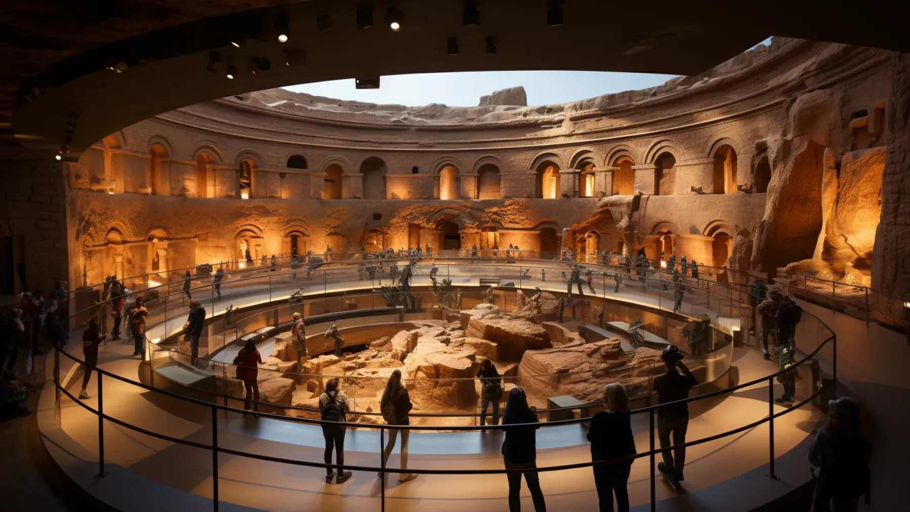 Visitors circle an excavated structure inside a museum, evoking the moment when a familiar historical site acquires a new and disruptive meaning.
