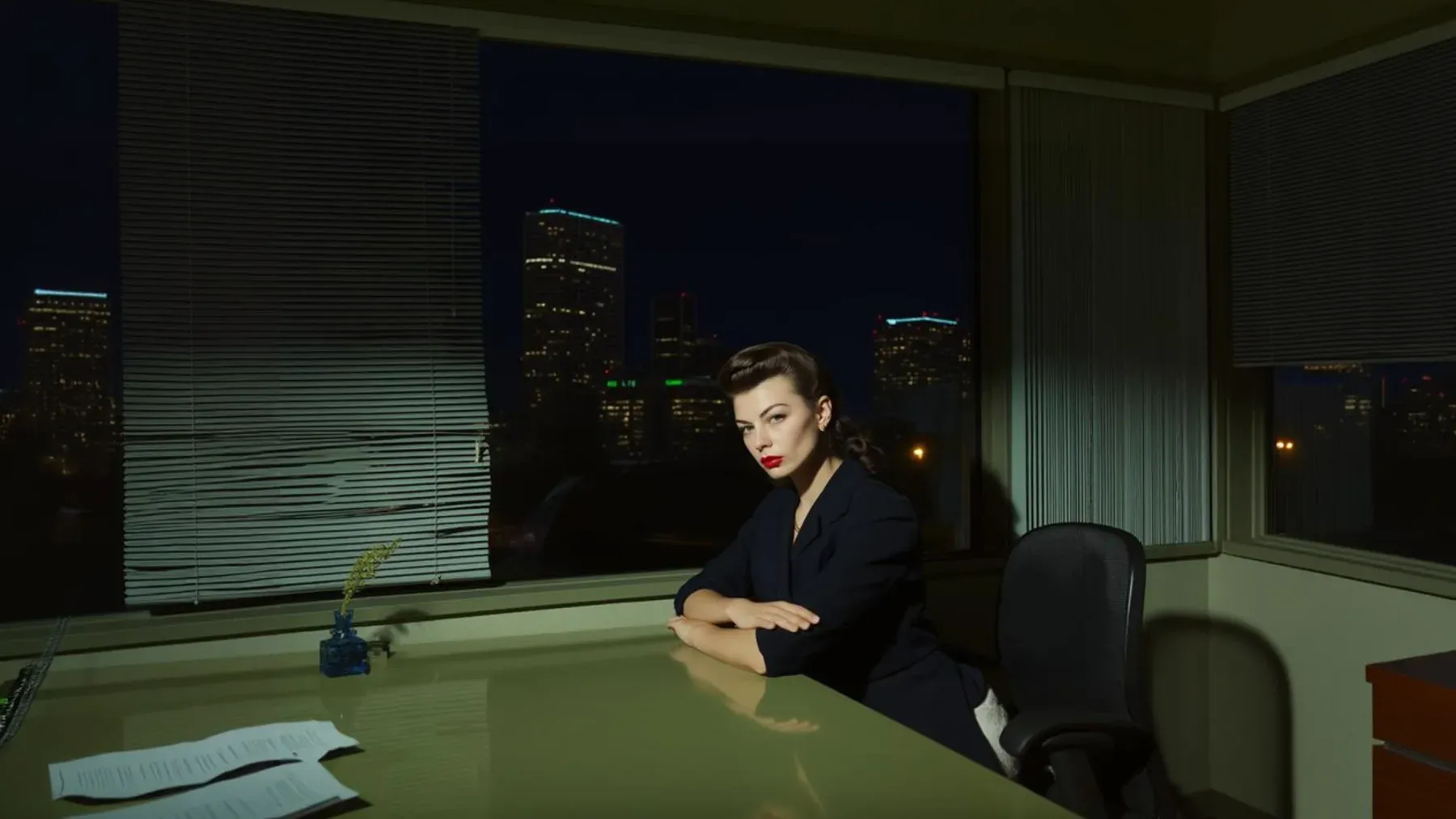 A professional studies a reflection in a nighttime office, suggesting the preparation and self-monitoring involved in crossing between roles.