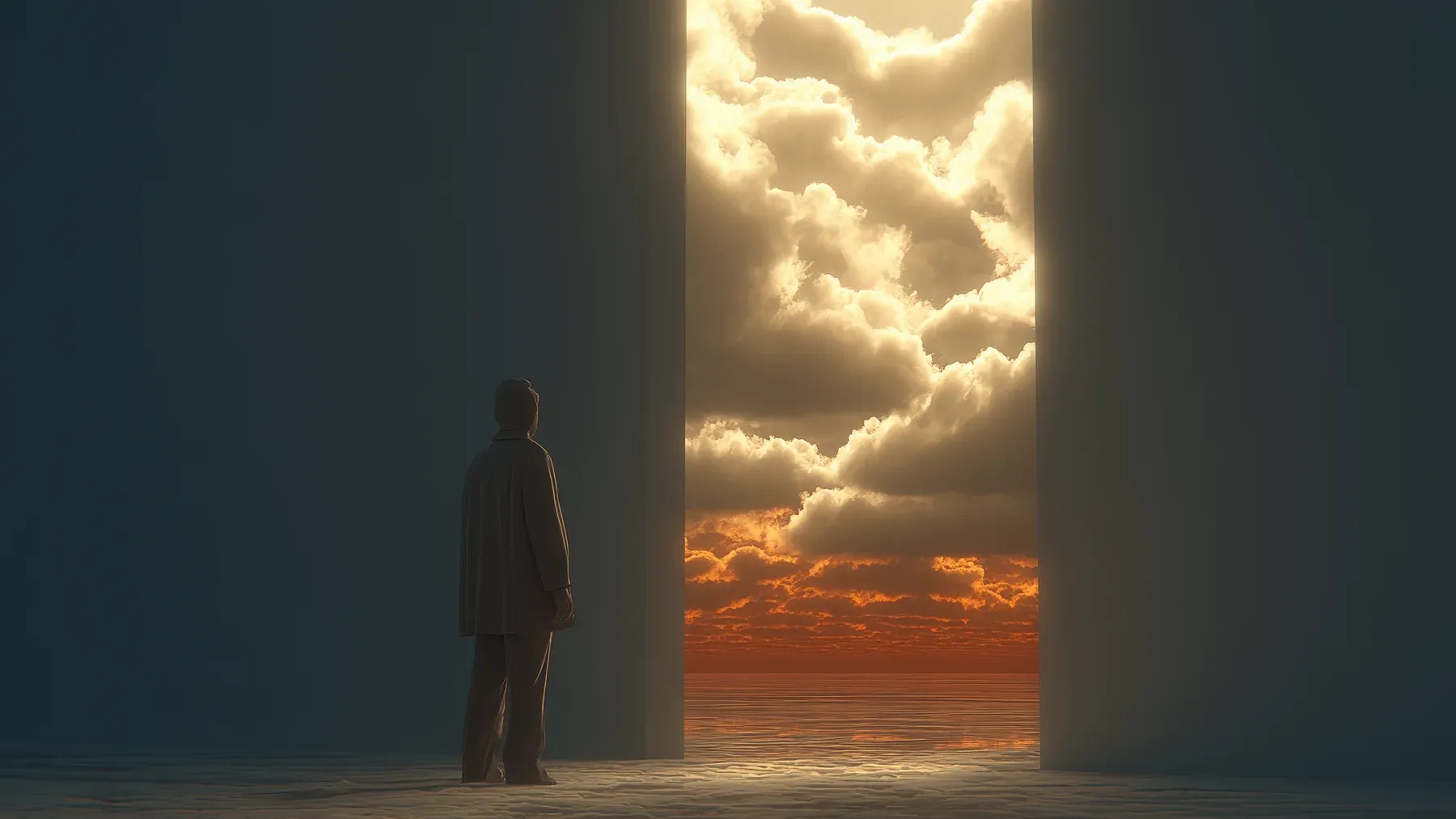 A solitary figure facing a bright doorway in a dark room suggests a dream built around one charged passage between known and avoided material.