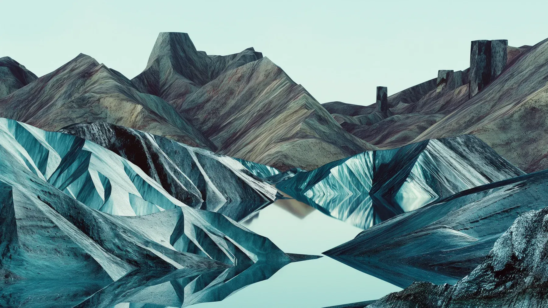 Geometric mountains reflected in still water show how an impossible landscape can retain visual relationships, repetition, and direction.
