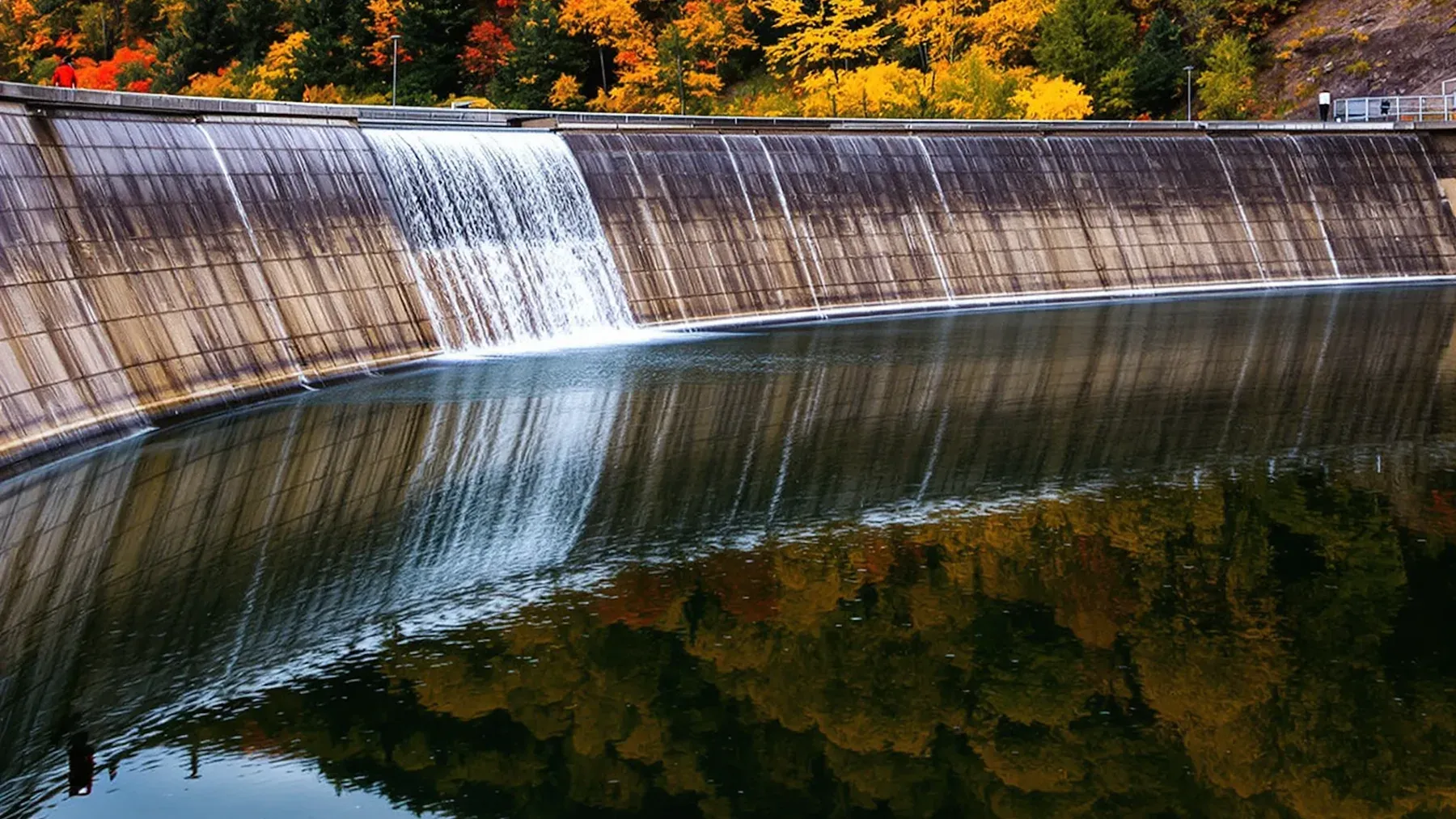 A reservoir dam surrounded by autumn forest, showing how a decision made in one period can persist as the material condition of another.