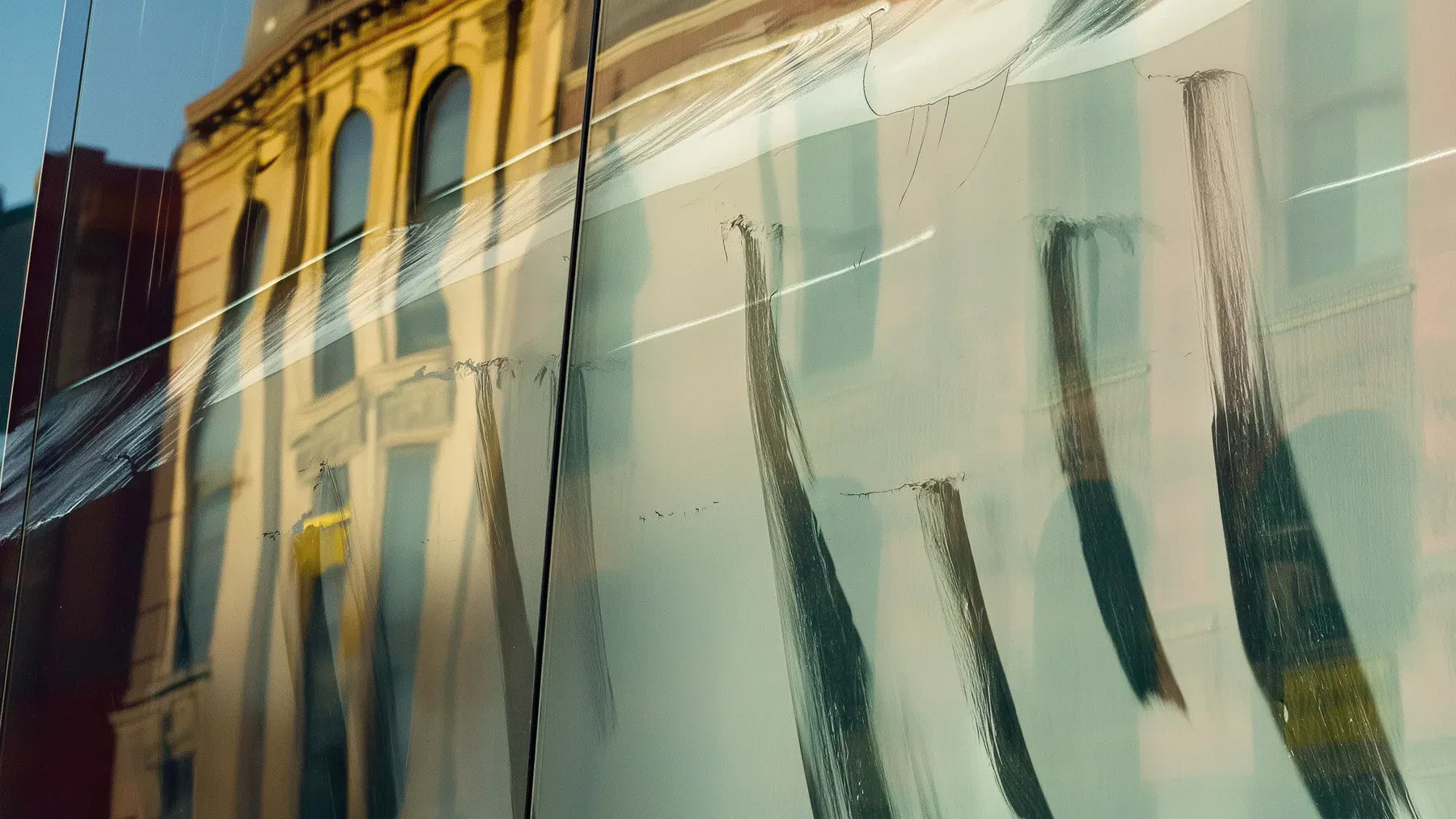 A historic facade reflected in modern glass, showing two periods occupying one composition while changing how each is seen.