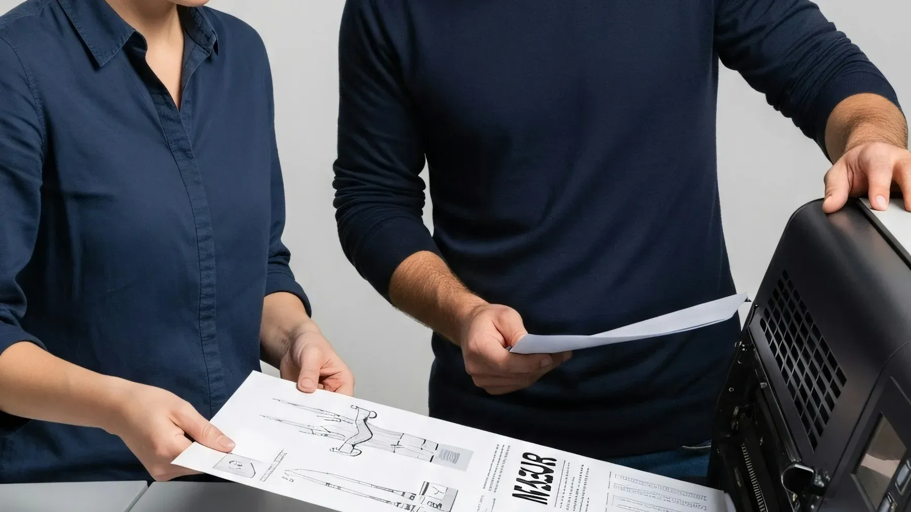 Two people examining technical prints, representing separate causal plans being compared before the novel is braided into reading order.