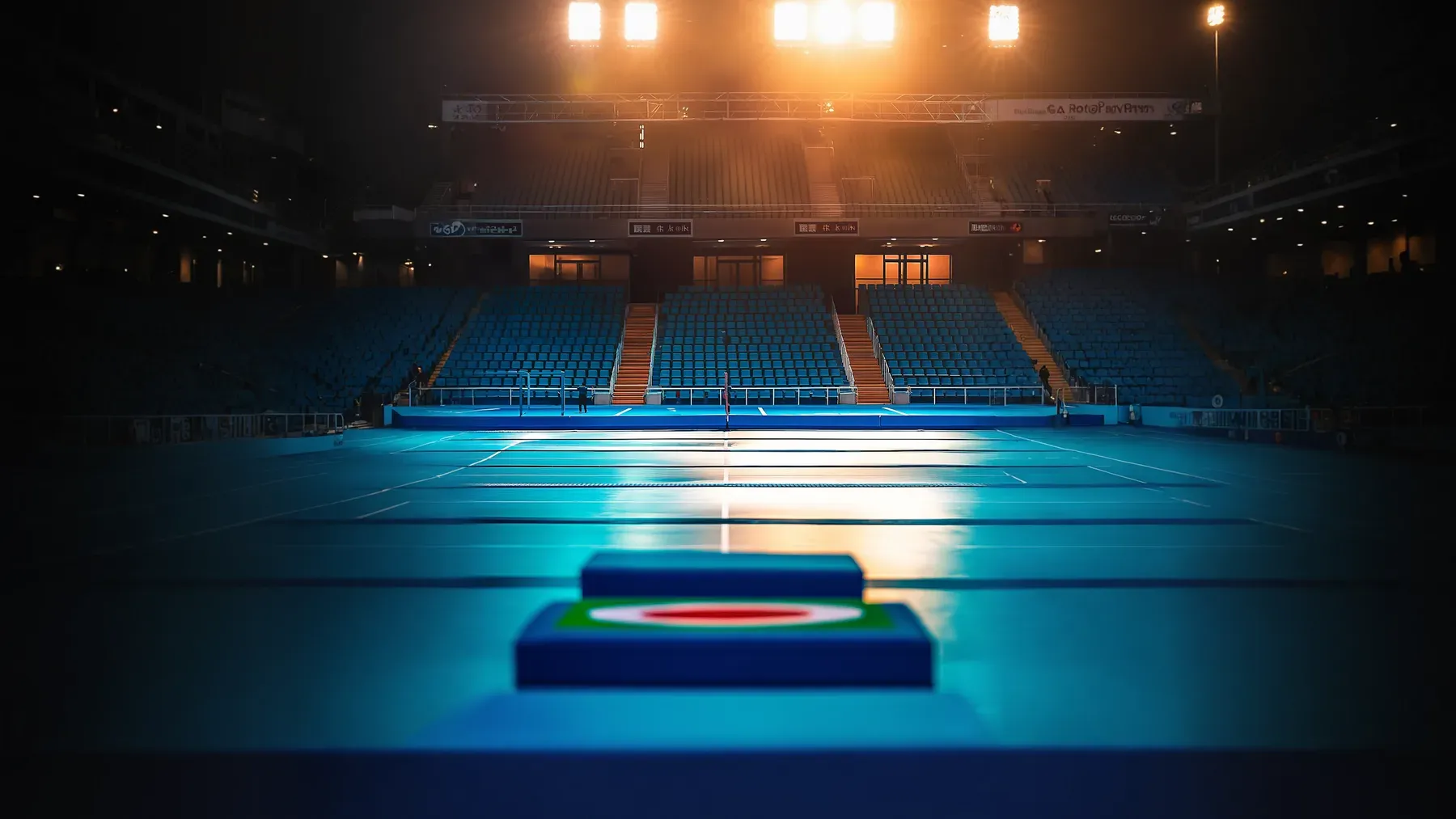 An empty illuminated arena after the contest, leaving the ruling, evidence, and public memory to shape what follows.