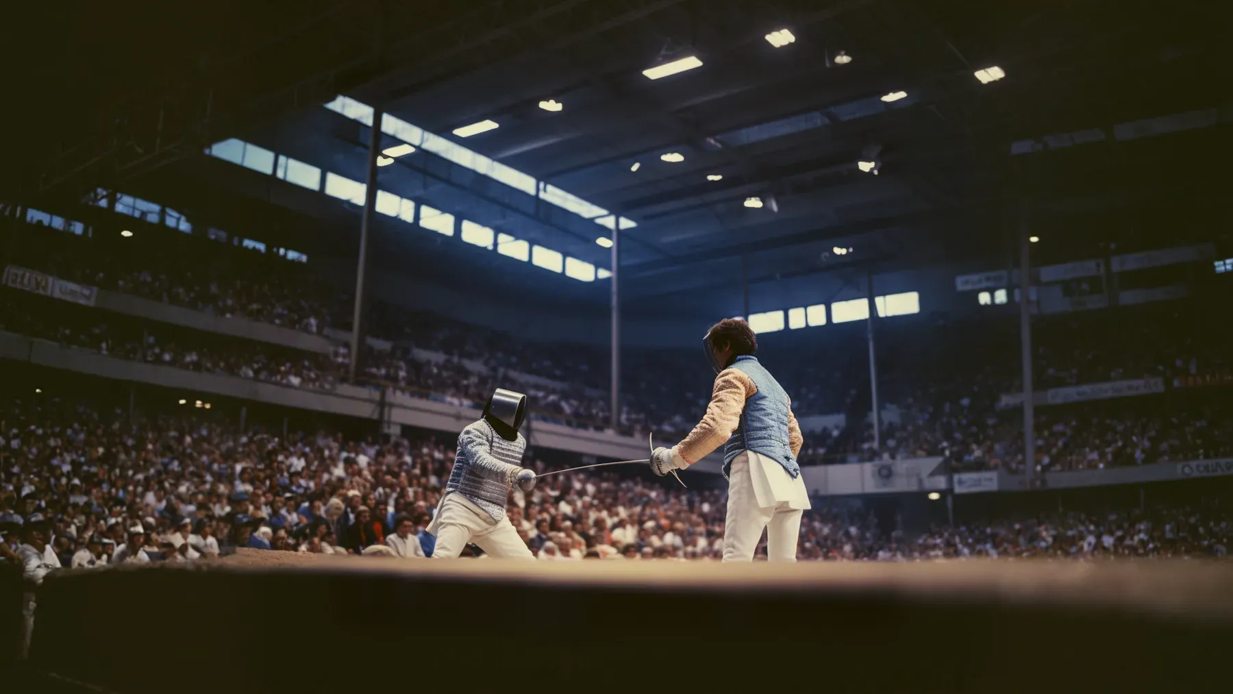 Two fencers competing before a crowd, showing how conditions, officials, and spectators make a formal contest readable.