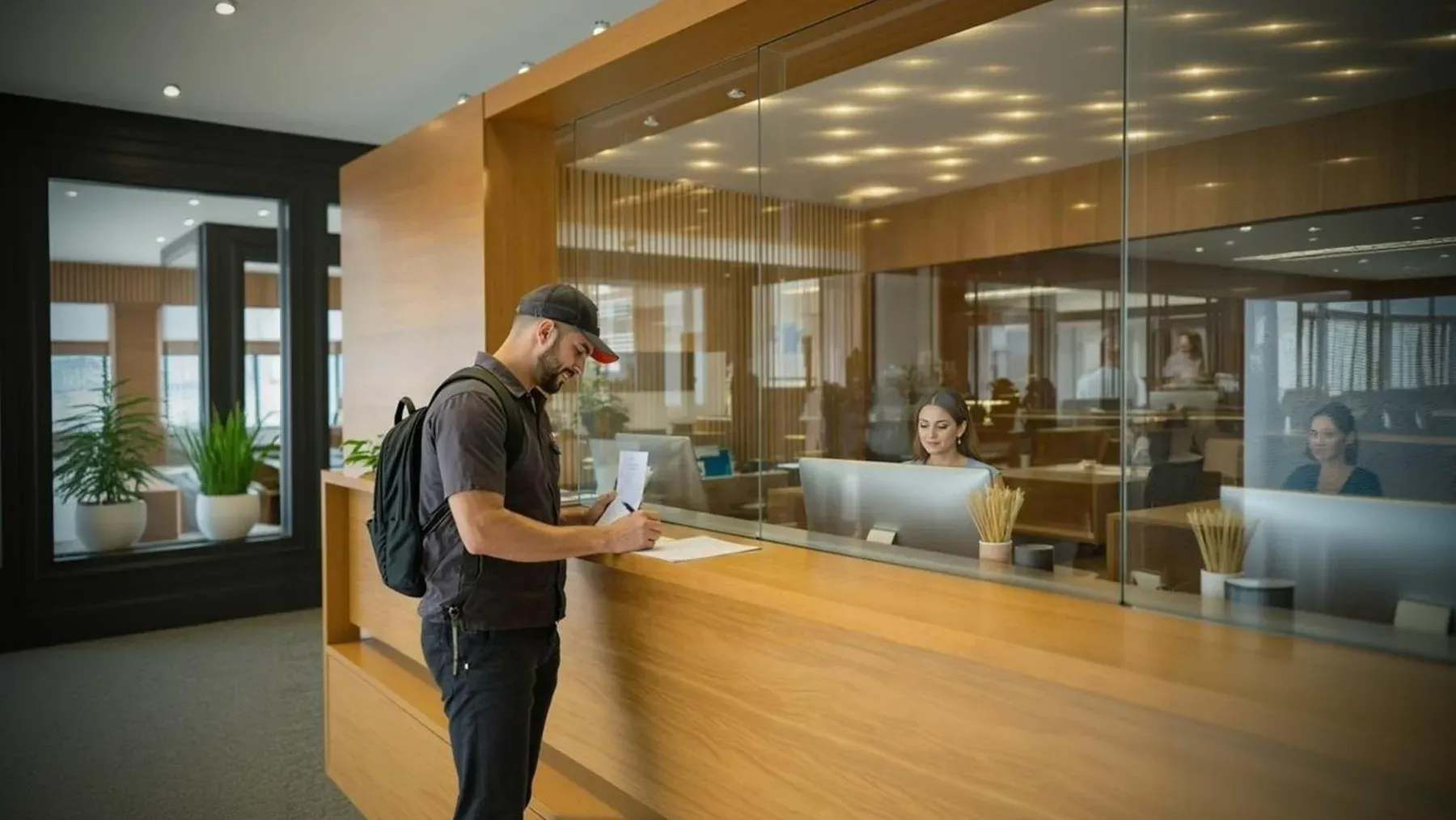 A resident standing at a modern service counter, representing the ordinary interface where policy becomes waiting, documentation, and discretionary judgment.