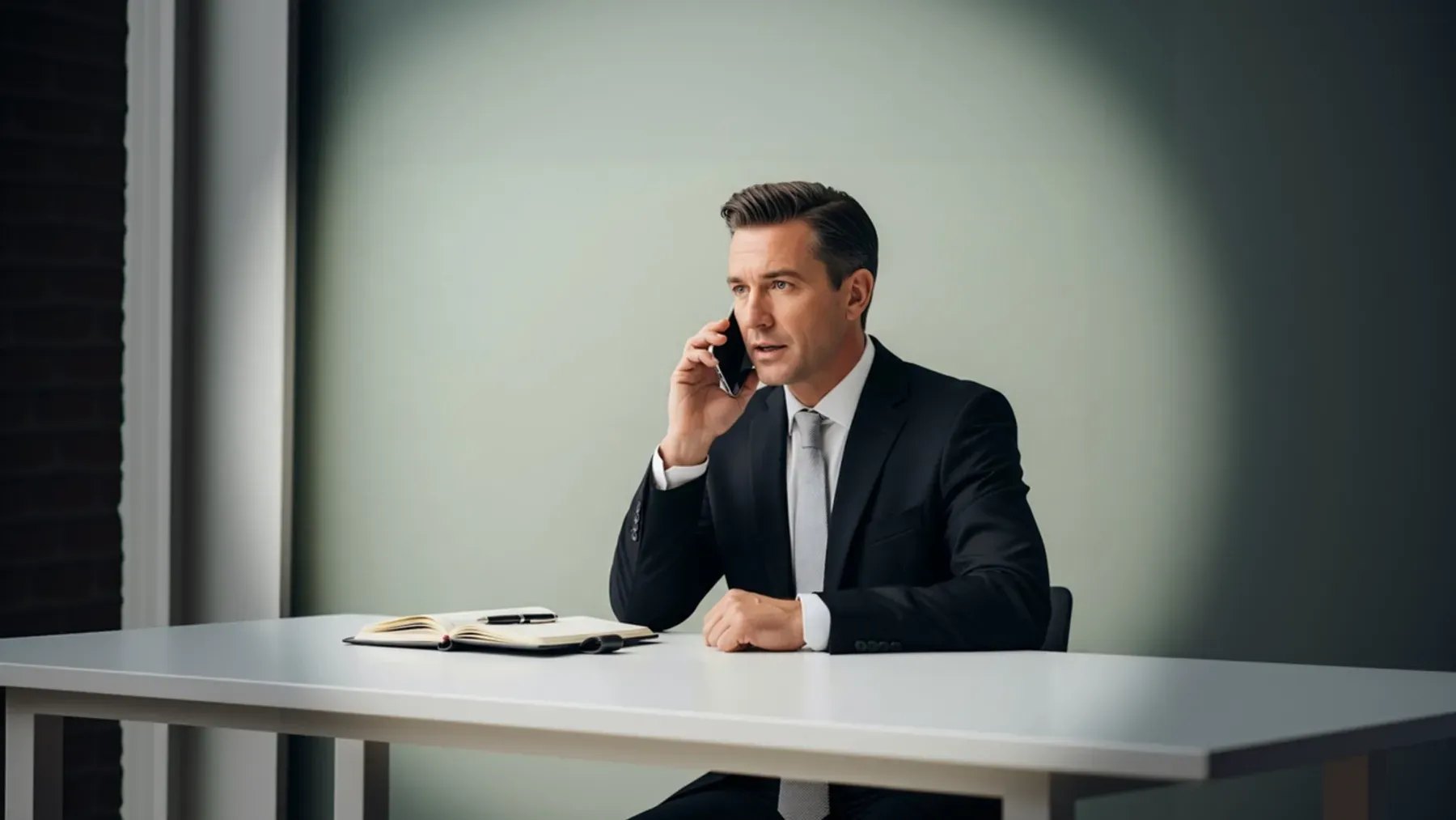 A professional takes a serious phone call from his own workspace, representing contact that continues without surrendering control of the decision.