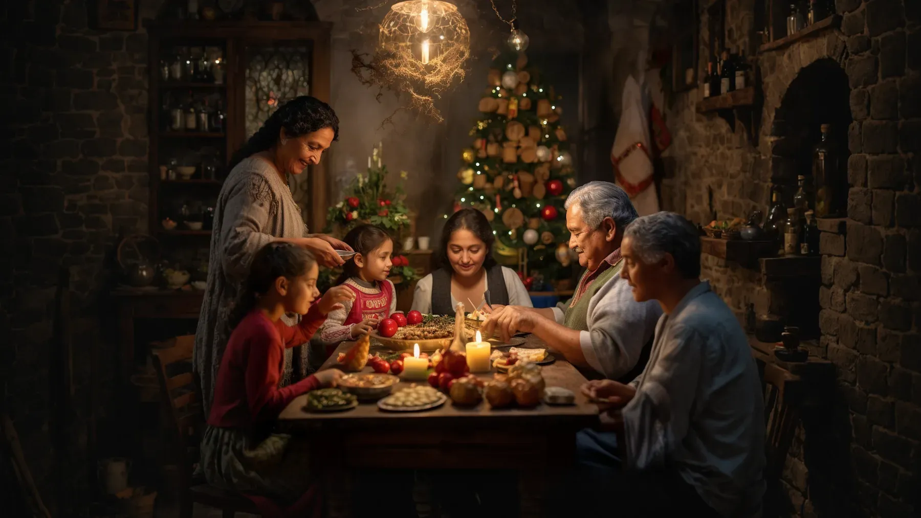 A multigenerational family shares a winter meal, showing how a valued ritual can become the setting for an implied debt.