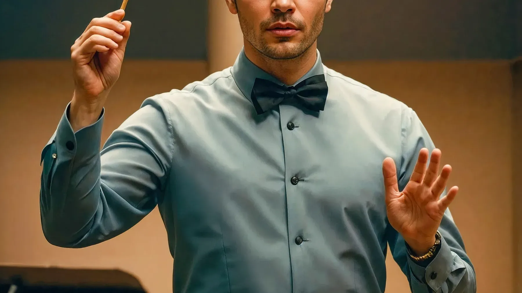 A conductor holding the ensemble at attention while a backstage decision gathers pressure.