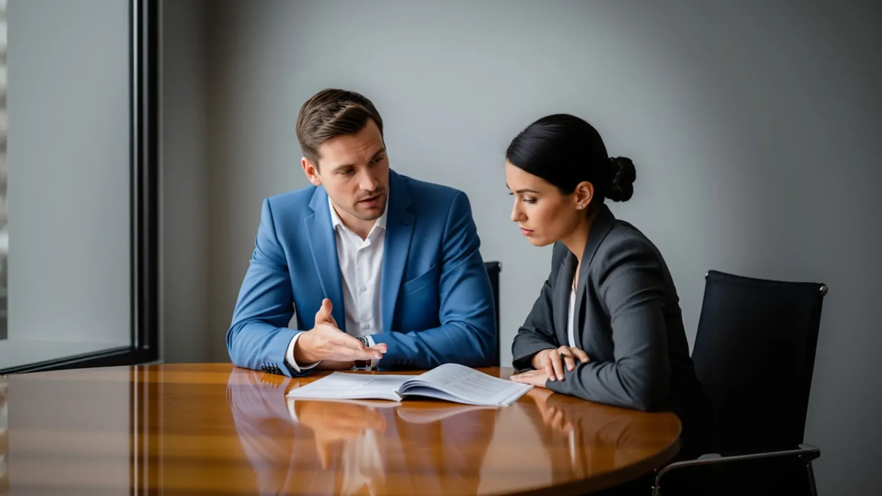 Two people speak across a table with focused attention, representing negotiation in which new evidence can revise judgment without ending disagreement.