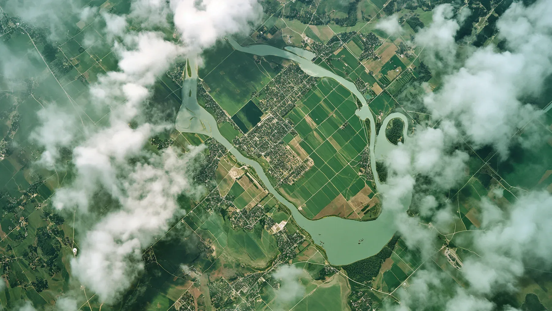 A river divides and rejoins across cultivated land, making long-term consequence visible through the shape of the world.