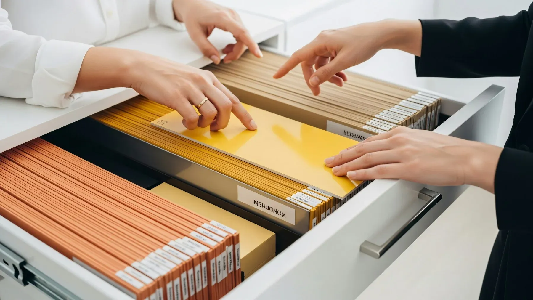 Hands selecting files from an organized cabinet, representing the choices that determine which records enter a reconstructed story.