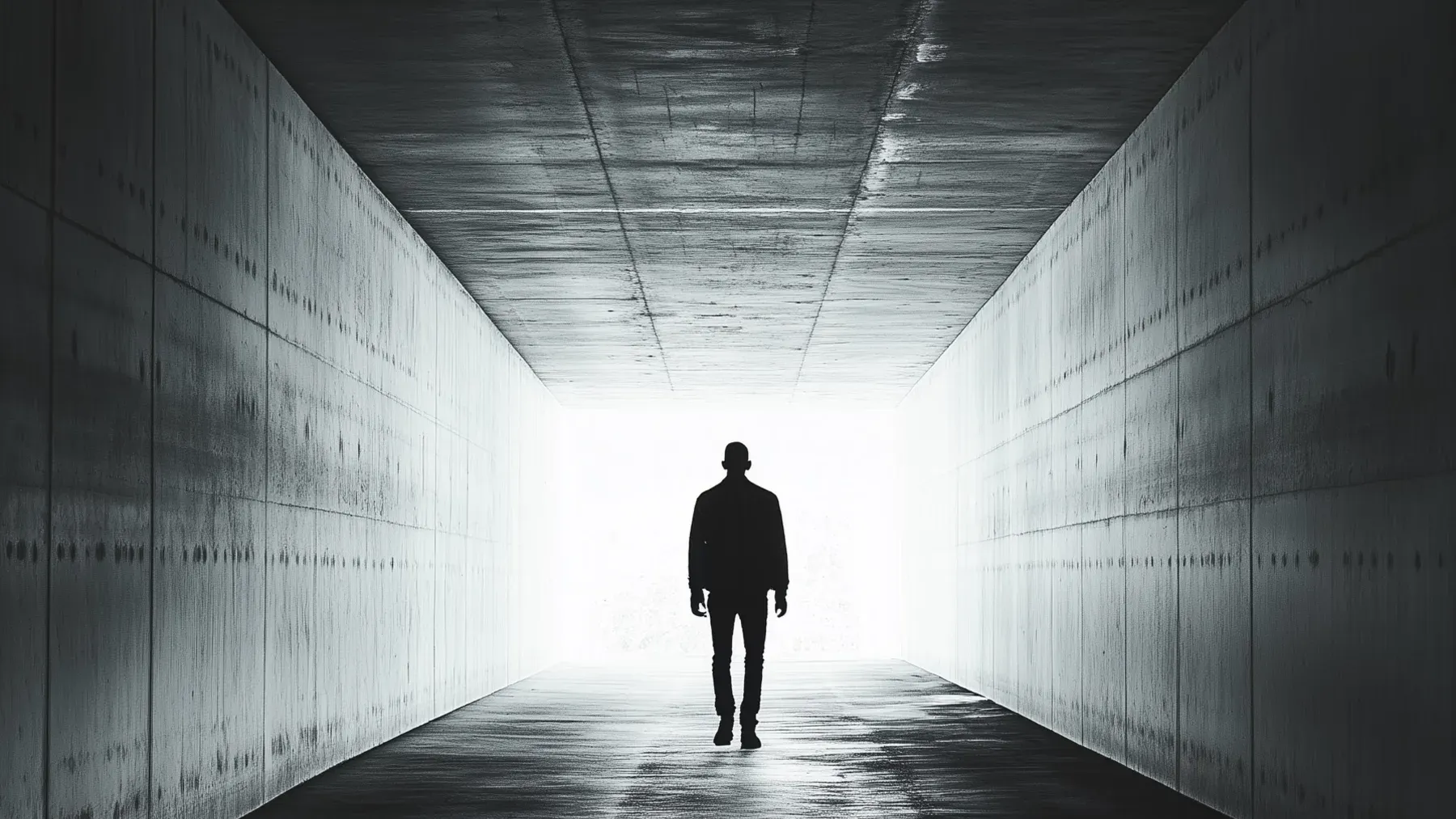 A figure moves toward the light at the end of a tunnel, while the distance itself remains a measurable route rather than an abstract promise of freedom.