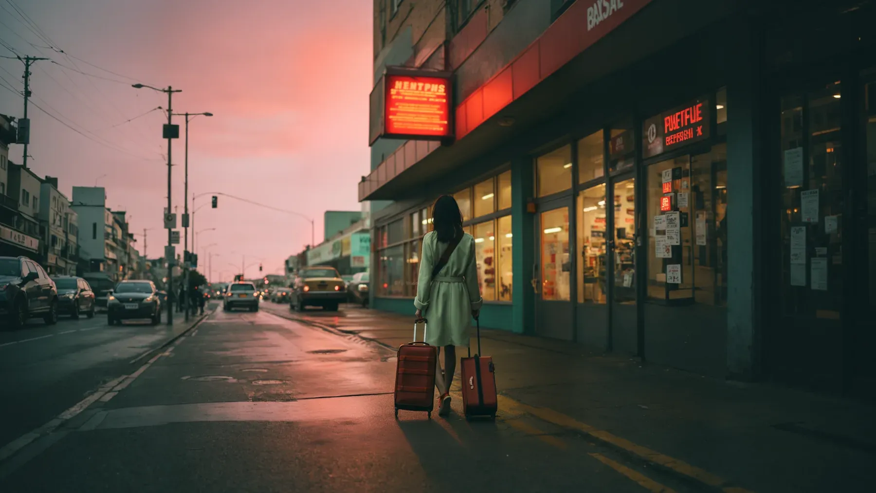 A traveler with luggage enters an unfamiliar city at dusk, where practical life may begin before belonging follows.