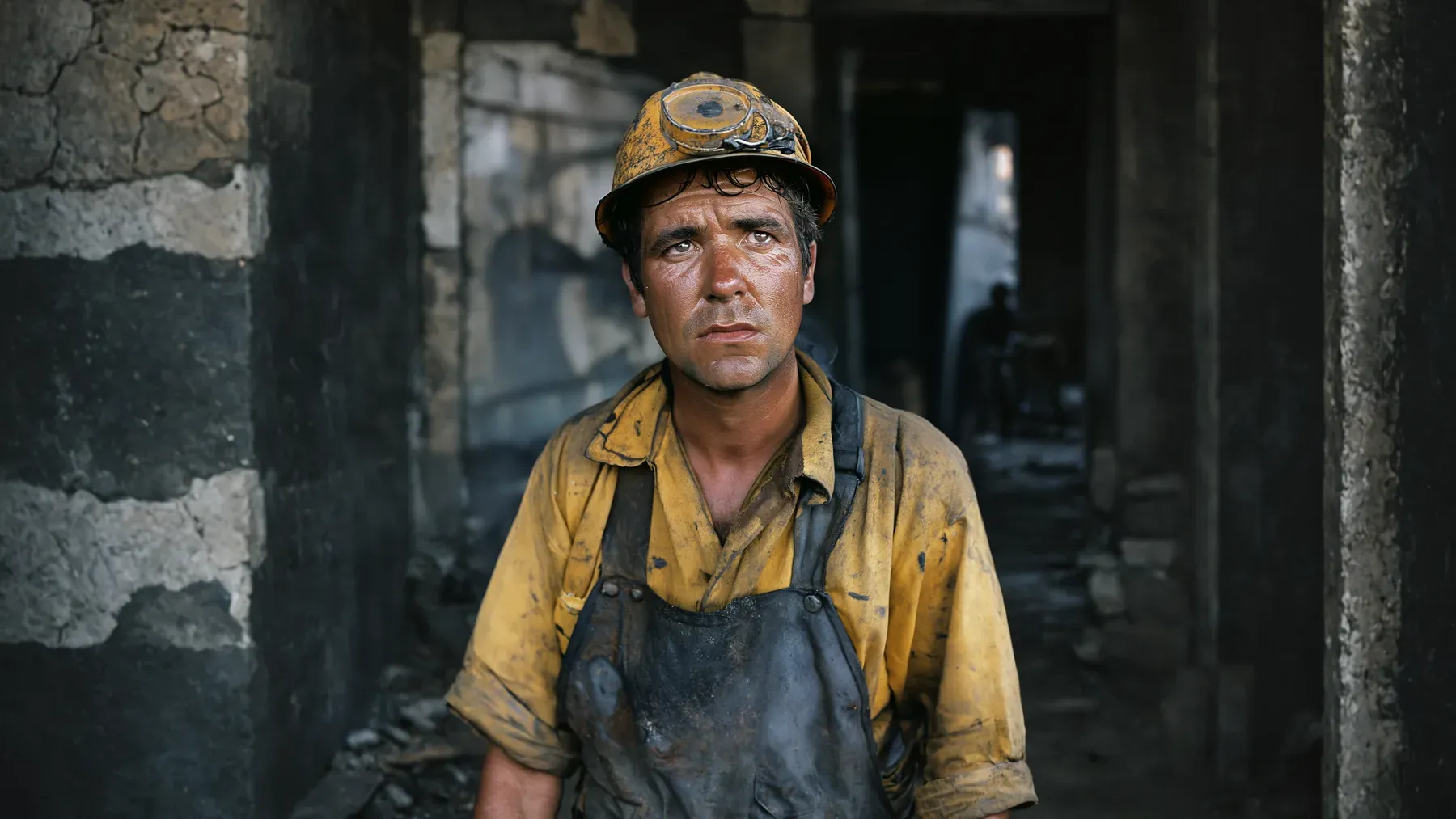A miner waiting outside a damaged worksite, keeping the spiritual argument connected to the people who bear its material consequences.