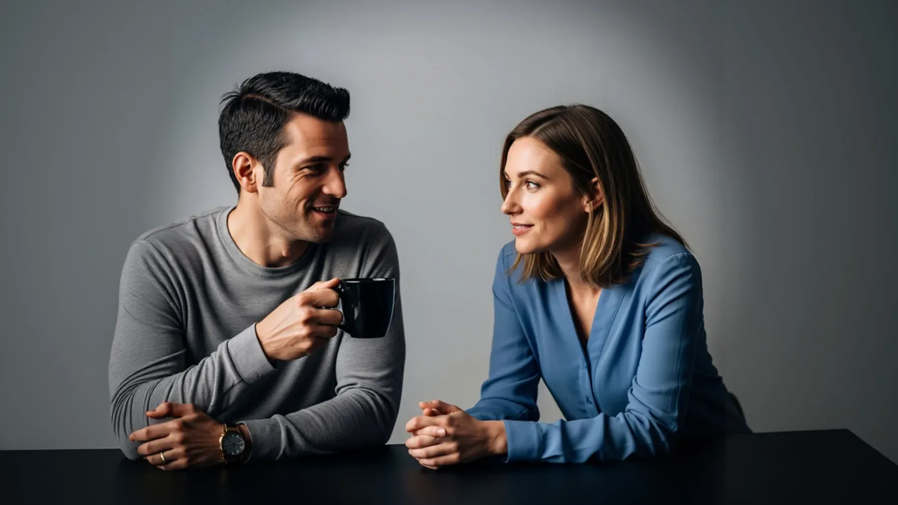 Two people sit in a calm room for a direct conversation, representing private negotiation that can no longer rely on an audience or rehearsed affection.