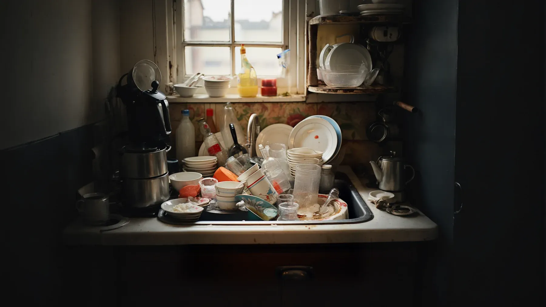 A kitchen sink crowded after the meal, where unfinished domestic work can reveal who repairs the damage, who withdraws, and what remains unresolved.