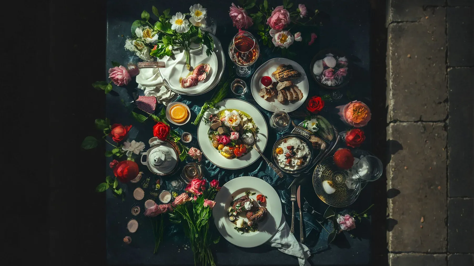 A carefully arranged table seen from above, useful for planning seats, serving routes, sightlines, and the objects that family members can use as leverage.