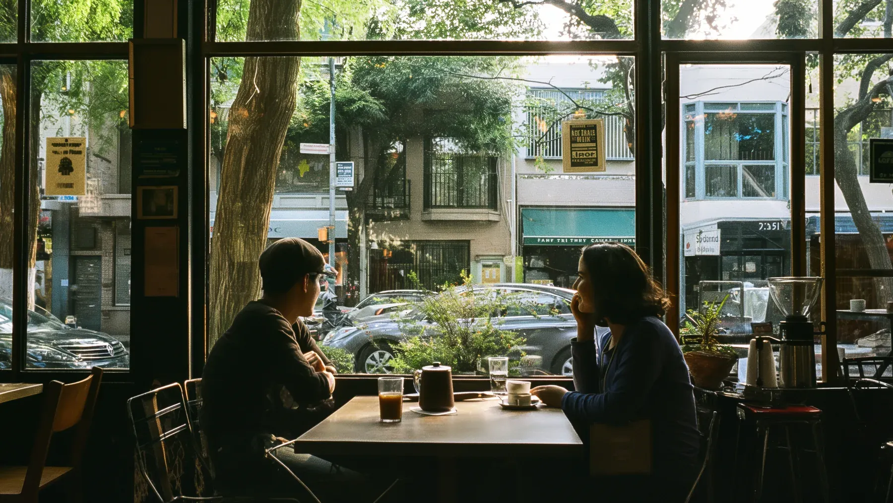 Two people speak across a cafe table, where a limited public meeting can test attention, boundaries, and accountability without assuming intimacy.