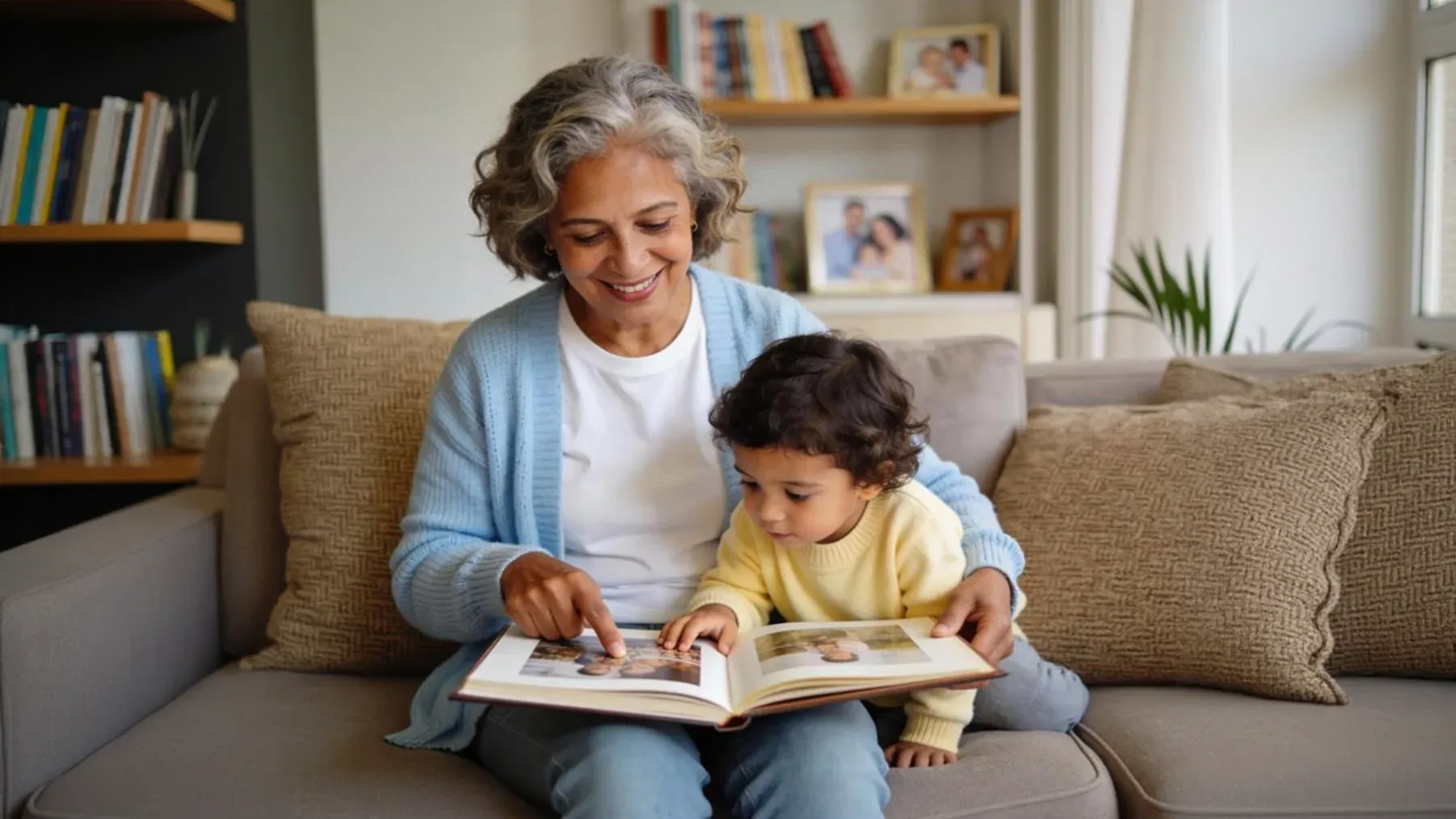 A grandmother shares a photo album with a child, showing how evidence, affection, and interpretation travel between generations.