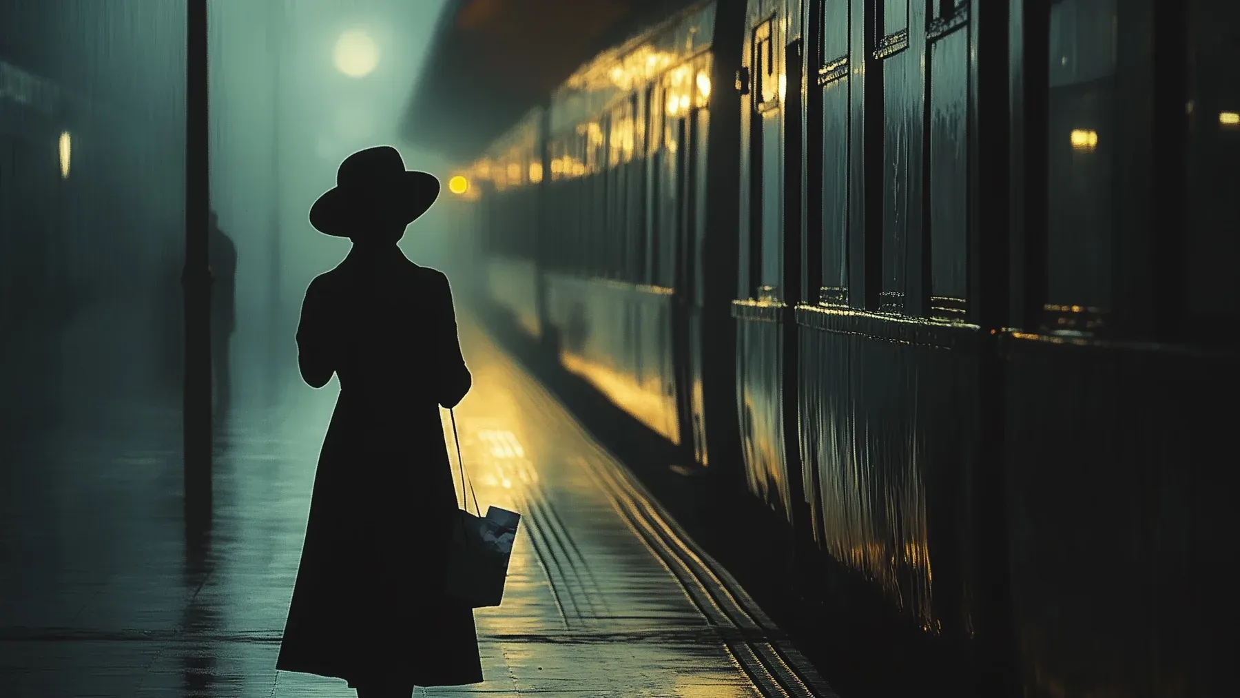 A solitary passenger stands beside a dark train after the shared exchange has ended, leaving each character to act inside the new absence.