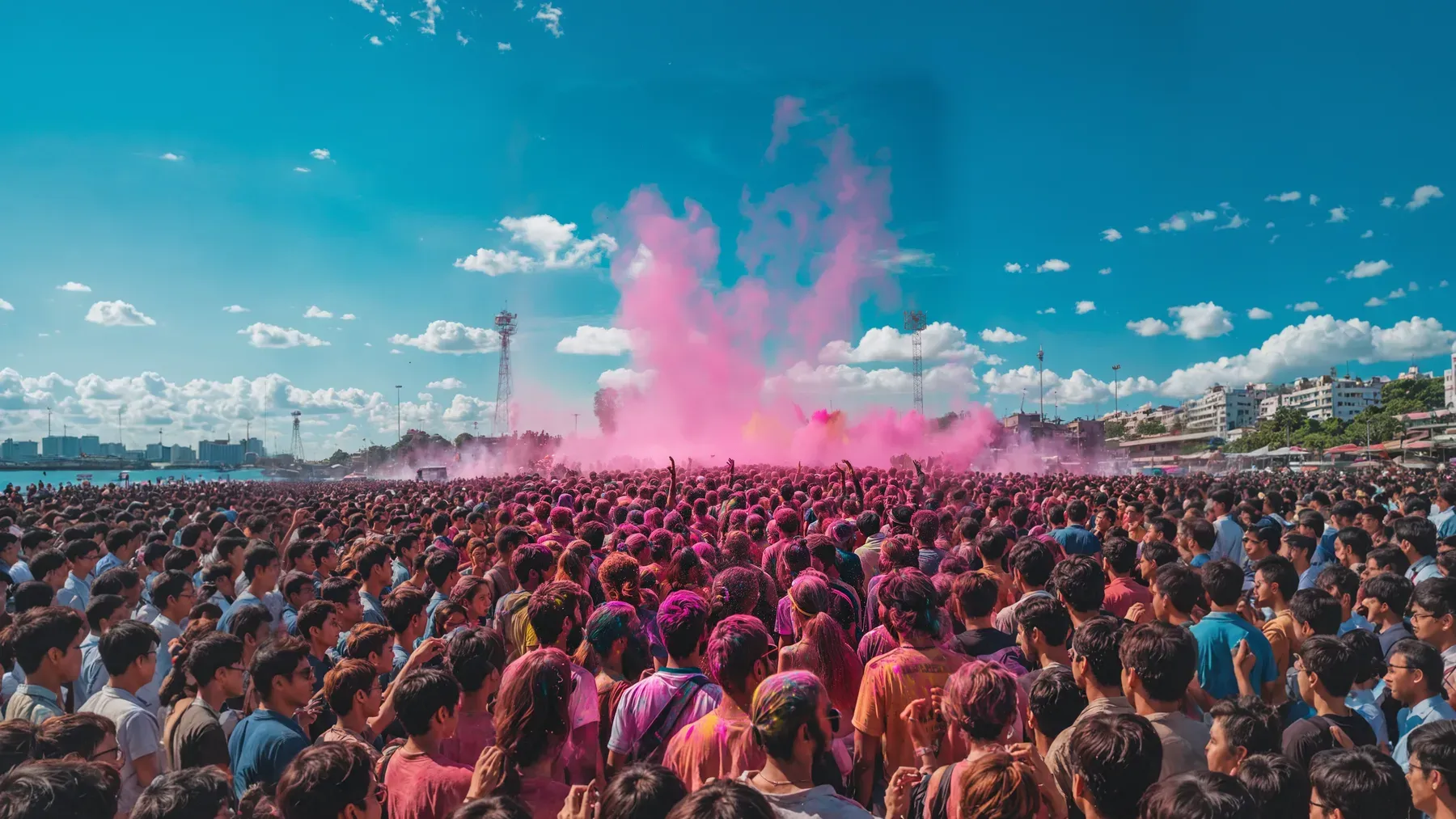 A crowd participating in a color festival, showing a tradition made visible through collective action rather than passive observation.