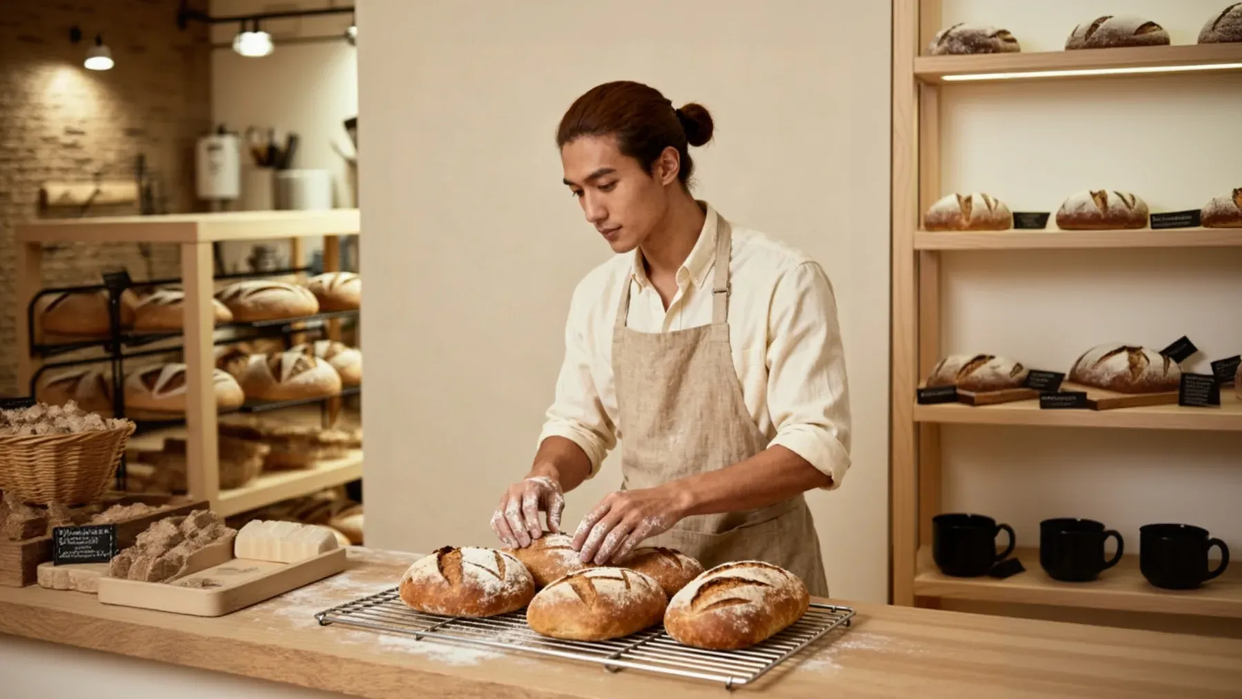 A baker arranging loaves, showing the skilled preparation that gives a public tradition its visible form.