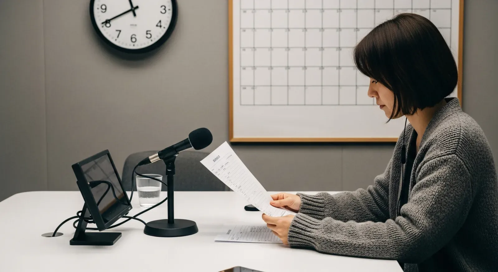 A writer reading a printed manuscript into a microphone to hear the prose at a reader's pace.