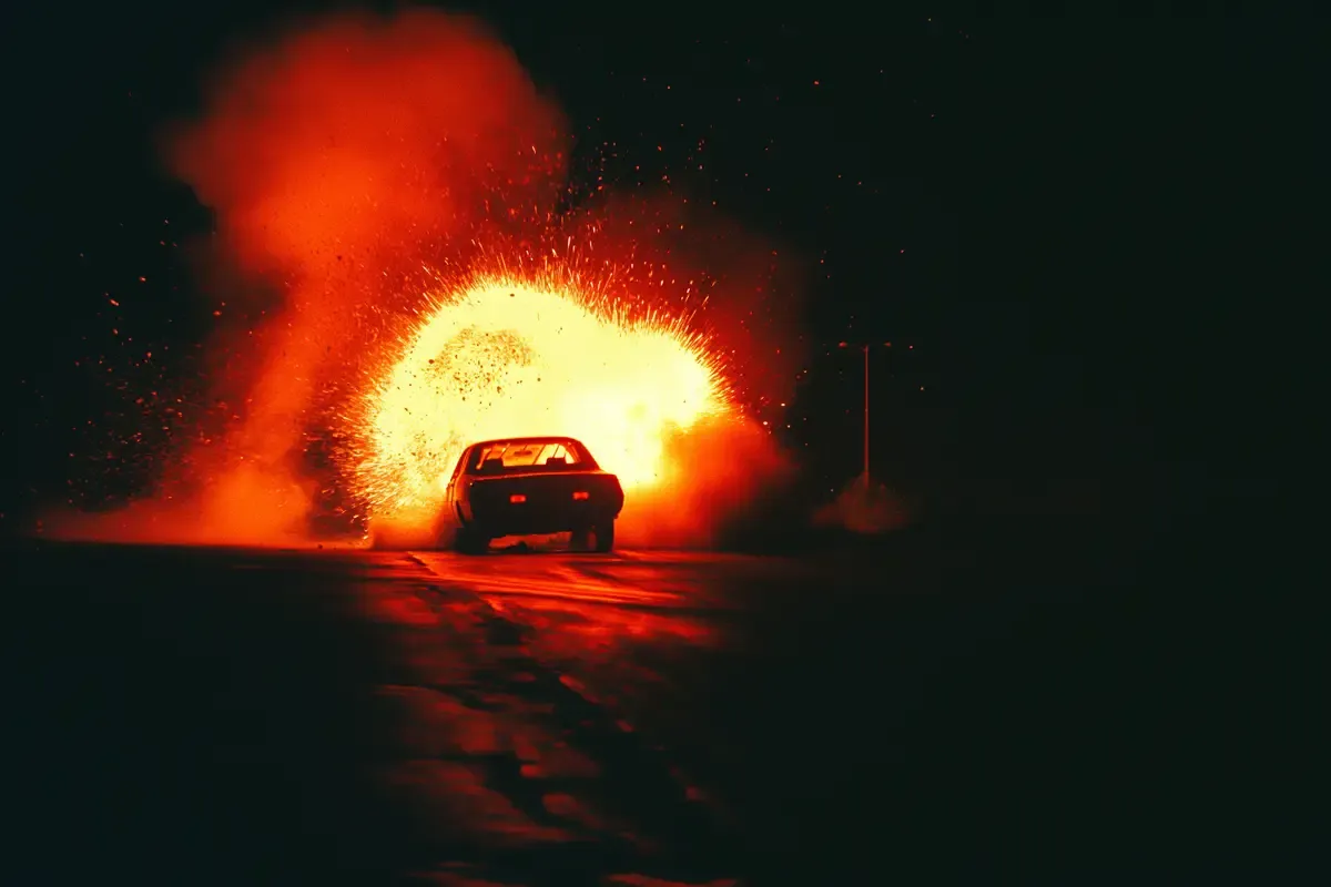 A car escaping an enormous nighttime explosion, illustrating how spectacle remains readable when direction, danger, and the immediate objective are unmistakable.