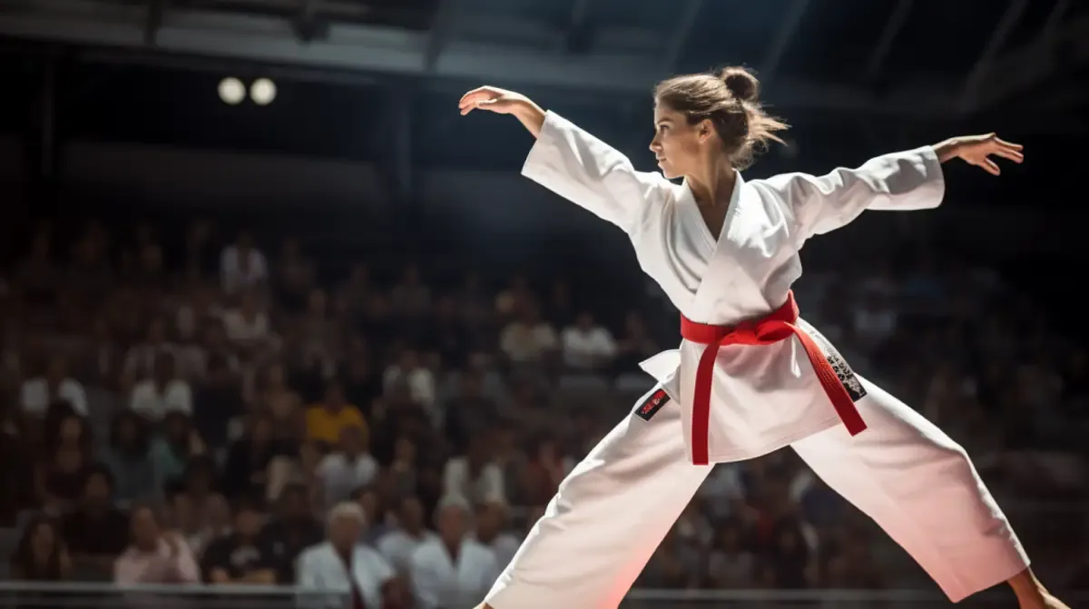 A martial artist performing a dynamic movement before an audience, showing how readable action depends on intention, balance, and a clearly framed body.