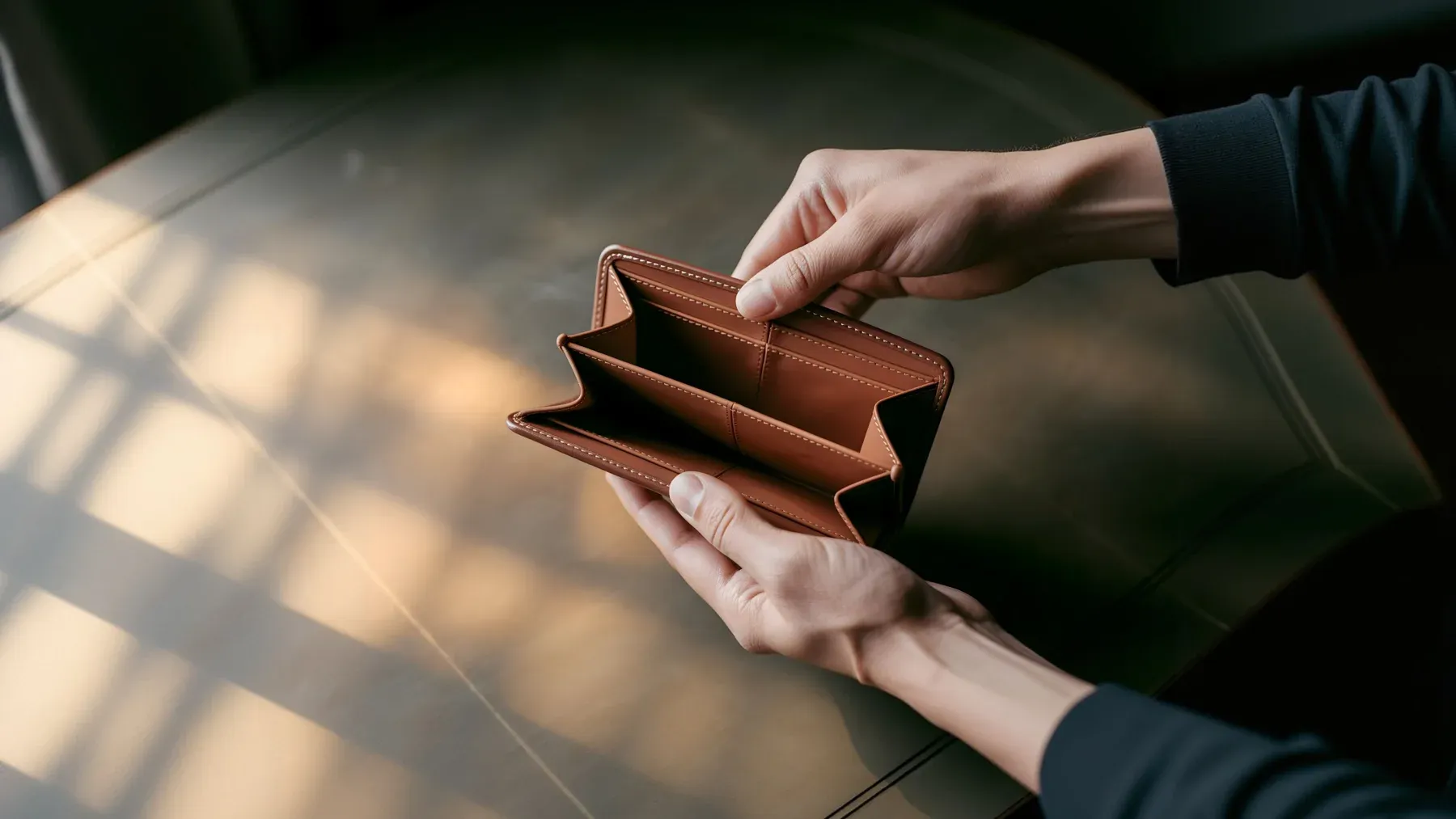 Hands opening an empty wallet, making the immediate loss of financial choice visible without reducing the character to a number.