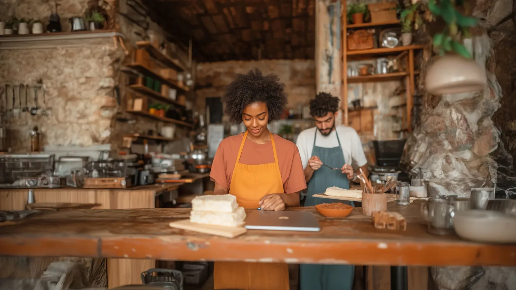 Two people preparing food in a working kitchen, where unpaid coordination, care, skill, and shared resources fill part of the financial gap.
