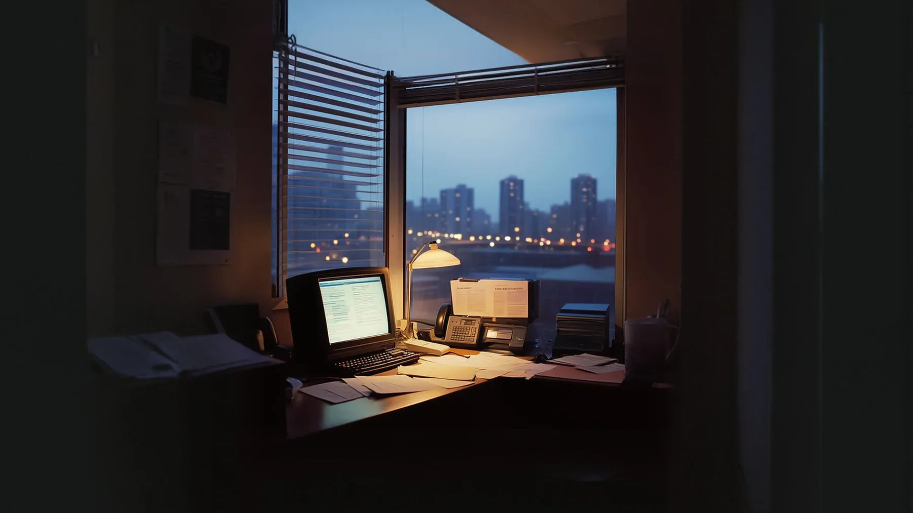 An office left working after dark, showing financial pressure through extra hours, missed evenings, and dependence on an employer's schedule.