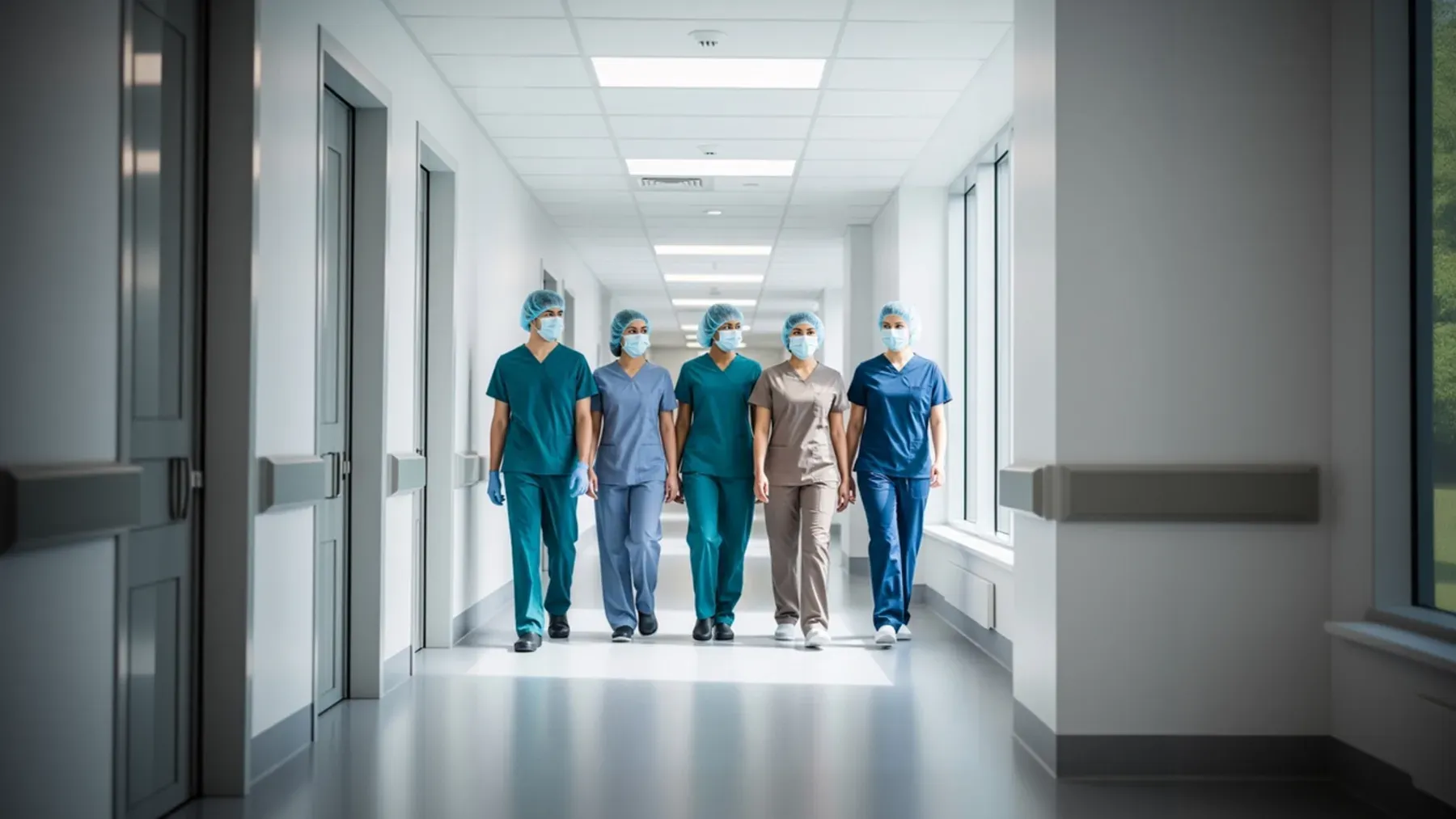Hospital staff moving through a clinical corridor, showing the people whose work and patients depend on the money trail.