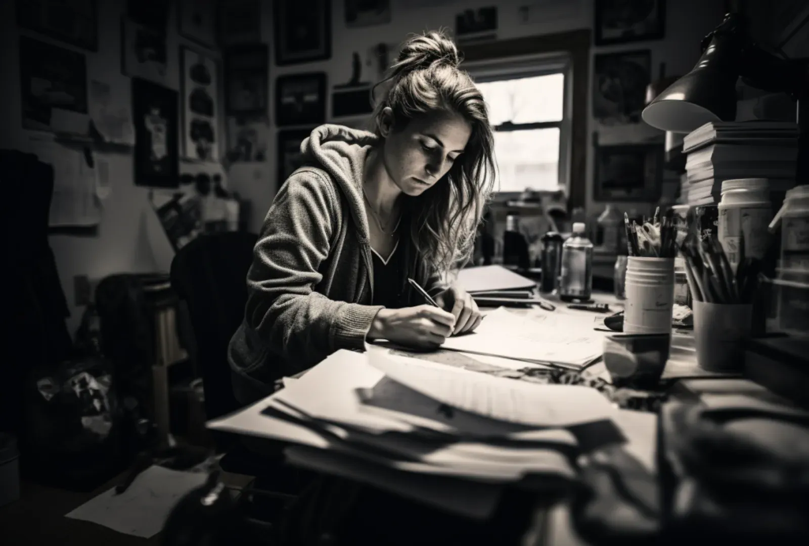 A novelist revising an opening manuscript at a desk, concentrating on the pages that must earn a reader's attention.