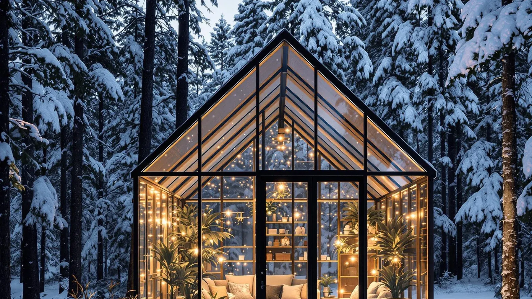 A glass greenhouse glowing in winter woods, showing how a story-specific setting can hold practical pressure around an intimate choice.
